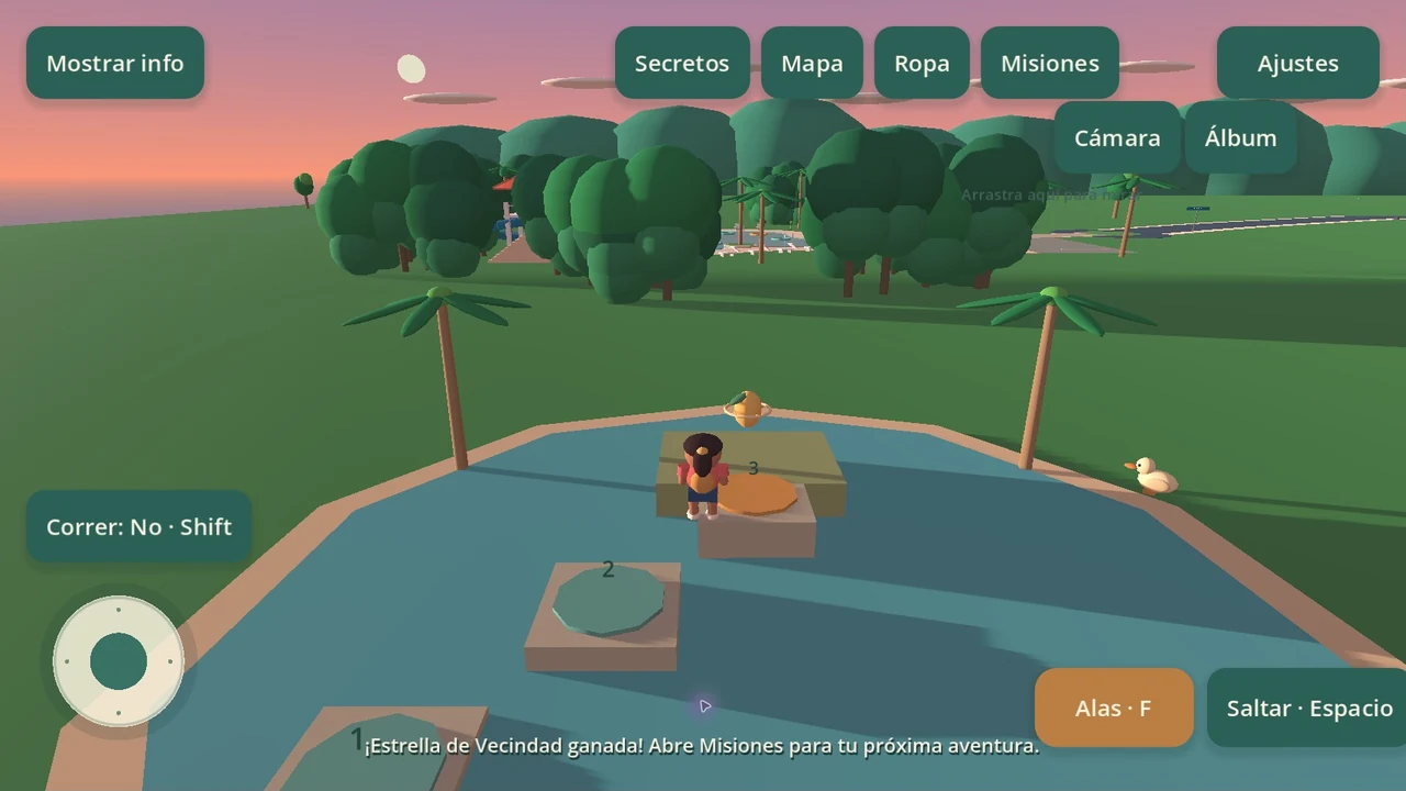 A game character on numbered stepping platforms beside a duck, with Spanish touch controls in Release 1.0.