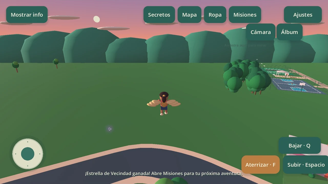 A game character flying above green lawns beside the courts, with Spanish touch controls in Release 1.0.