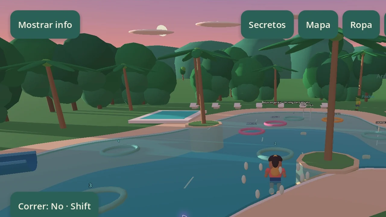 A game character splashing in the pool beside colored rings and palms, in a cropped Release 1.0 gameplay capture.